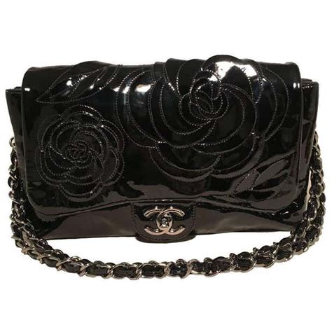 Chanel Black Patent Leather Camellia Flower Classic Flap